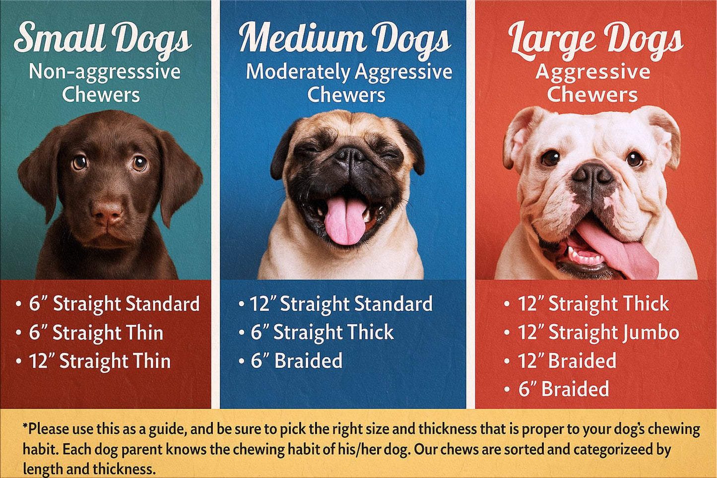 Bully stick size guide for dogs – small, medium, and large breeds with recommended chews based on chewing strength