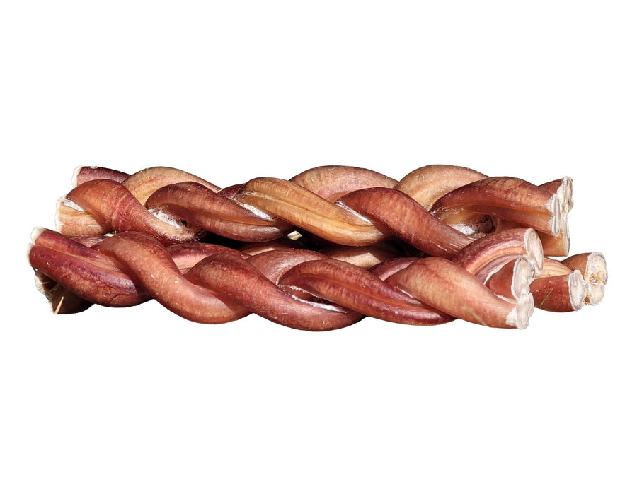 Close-up of two hand-braided PUPHE bully sticks