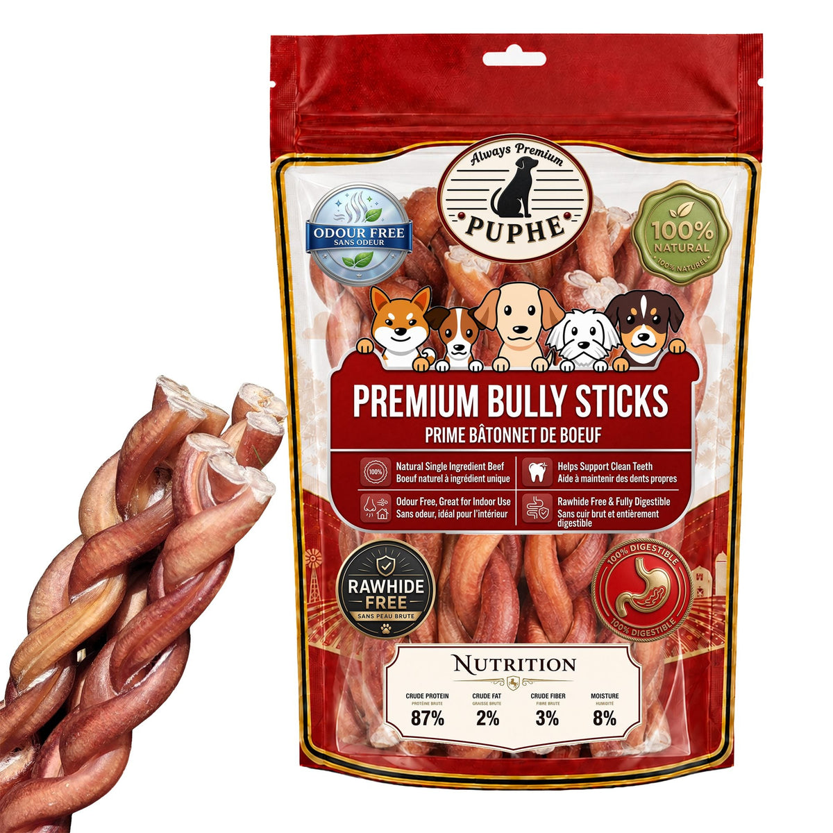 PUPHE braided bully sticks pouch next to hand-braided beef chews