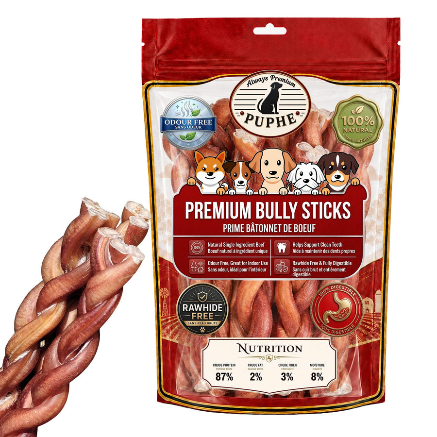 PUPHE braided bully sticks pouch next to hand-braided beef chews