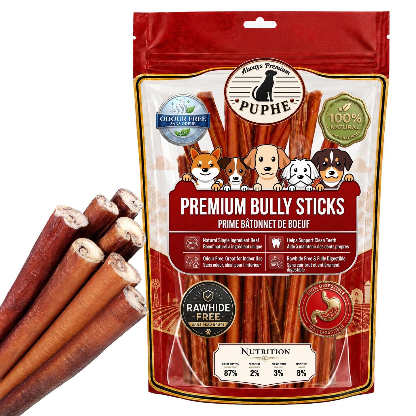 12” Jumbo Bully Sticks for Dogs – All-Natural, Long-Lasting, Low-Odor 100% Beef Chews