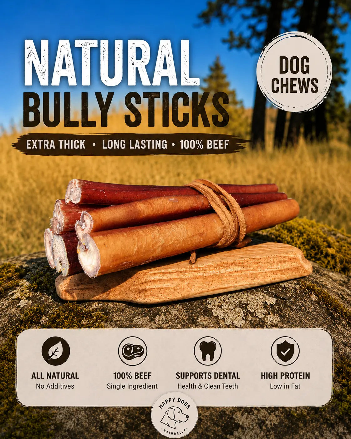 Dog chews with natural bully sticks on a rock, set against a forest background.