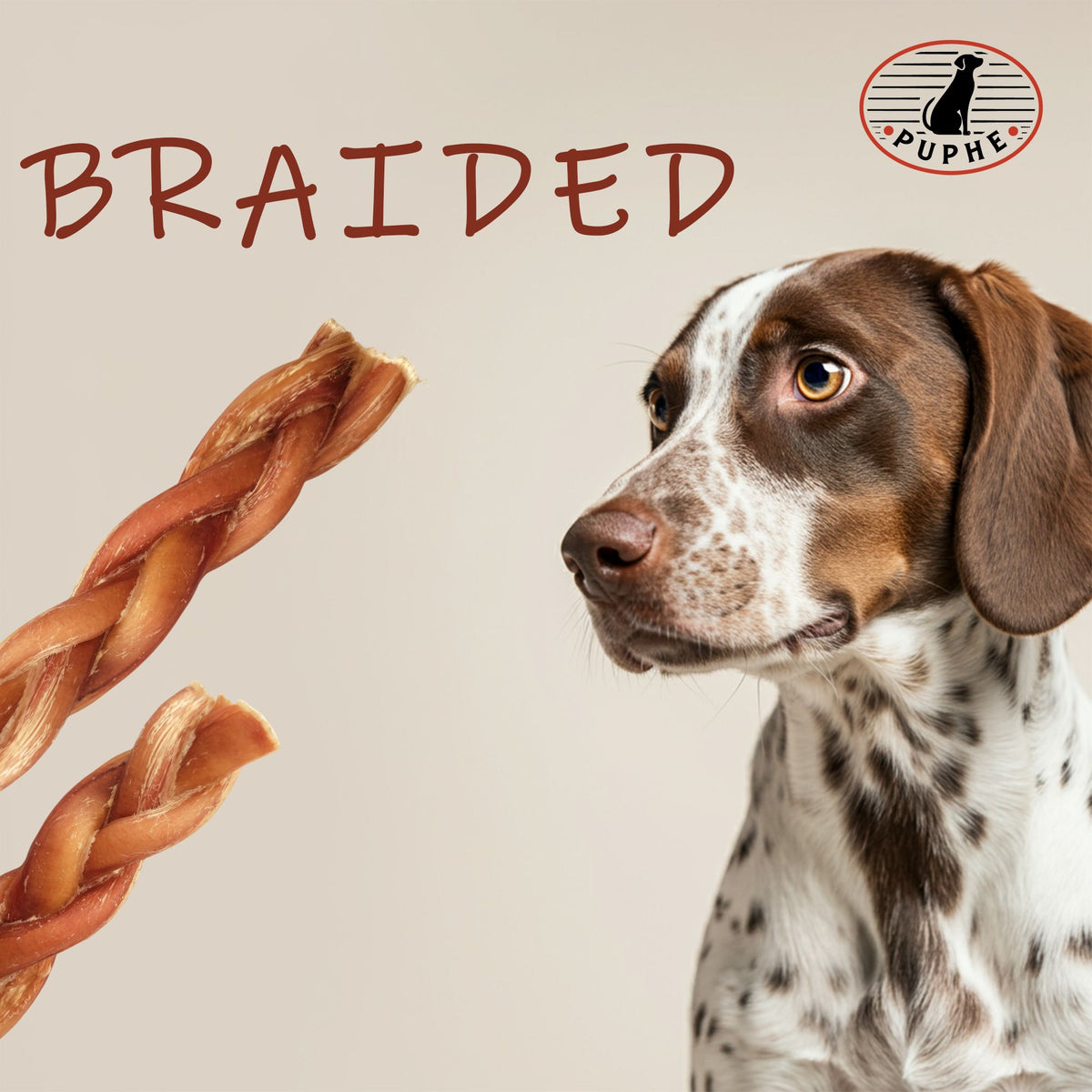 Two braided bully sticks next to a curious dog — the PUPHE braided style