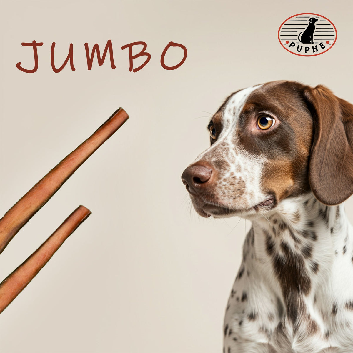 Two jumbo bully sticks next to a curious dog — the PUPHE jumbo style