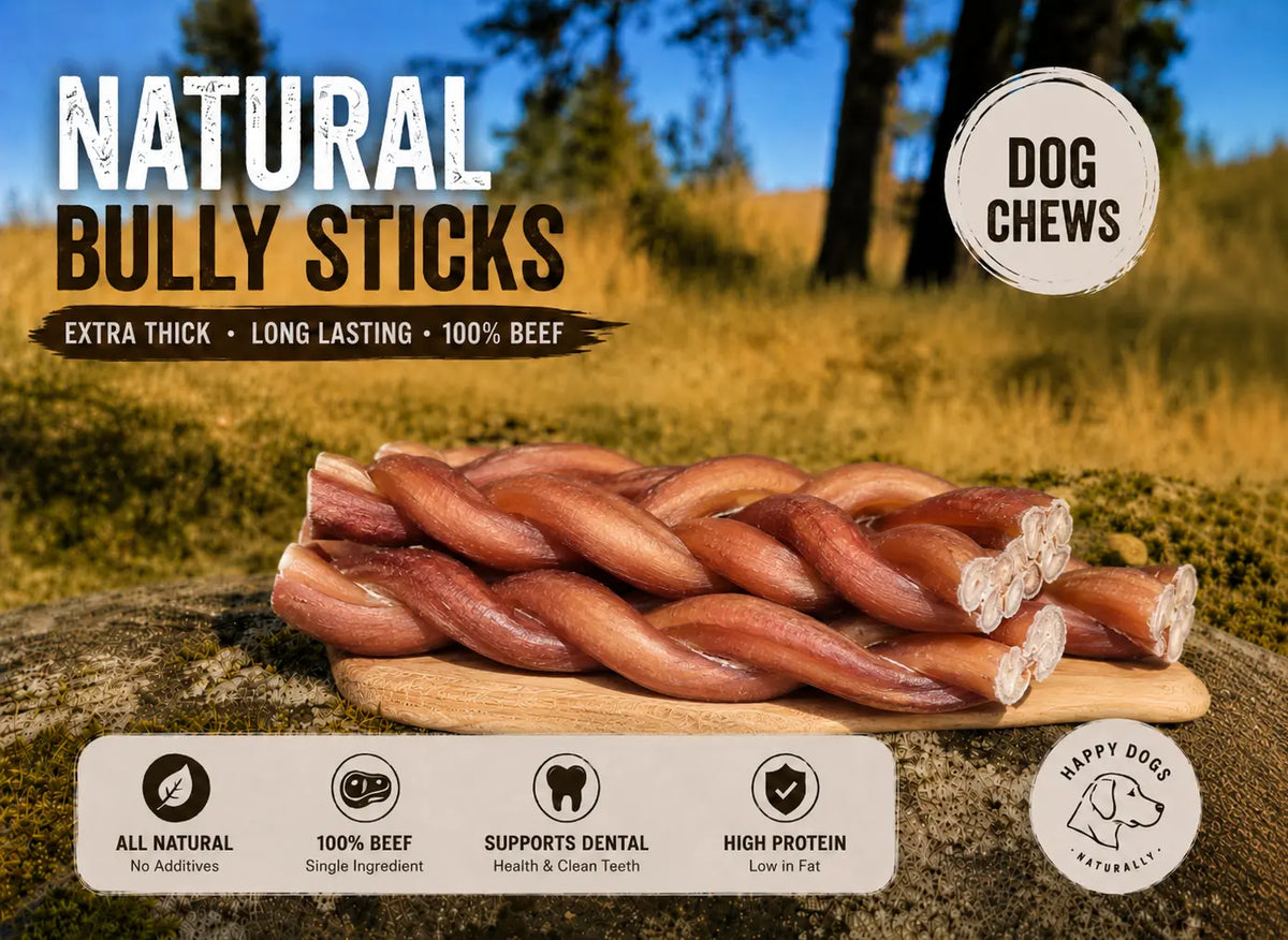Natural bully sticks — extra thick, long lasting, 100% beef. All natural, single ingredient, supports dental health, high protein.