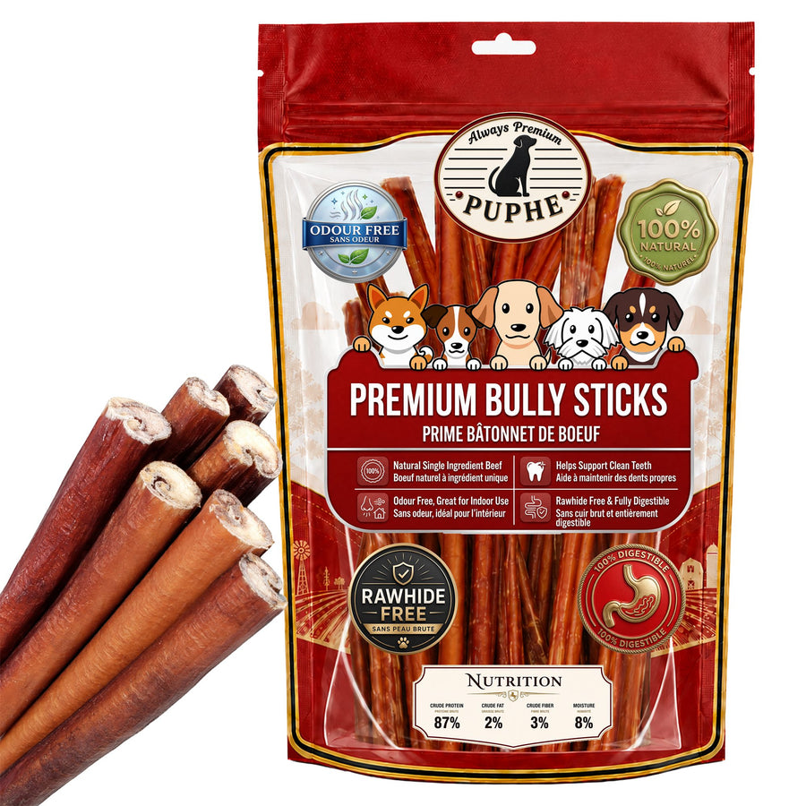 PUPHE Premium Bully Sticks pouch with straight 100% beef bully sticks