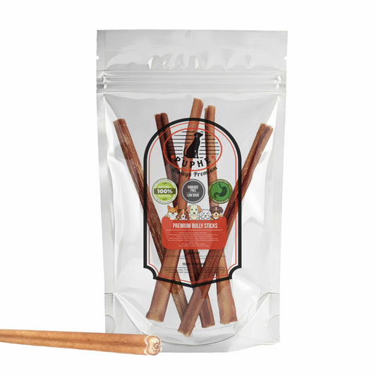 Puphe 12 inch thick bully sticks 5 pack – high protein rawhide free beef dog chews for medium and large dogs