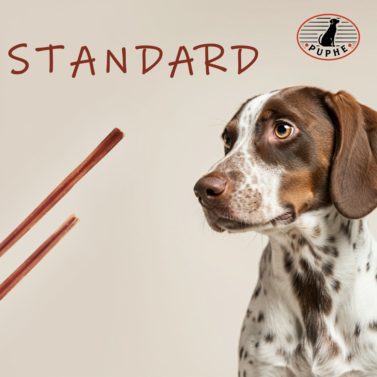 Two standard bully sticks next to a curious dog — the PUPHE standard style