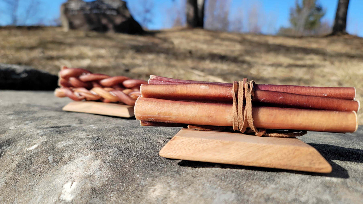 Variety pack of straight and braided bully sticks – natural chew display for dogs