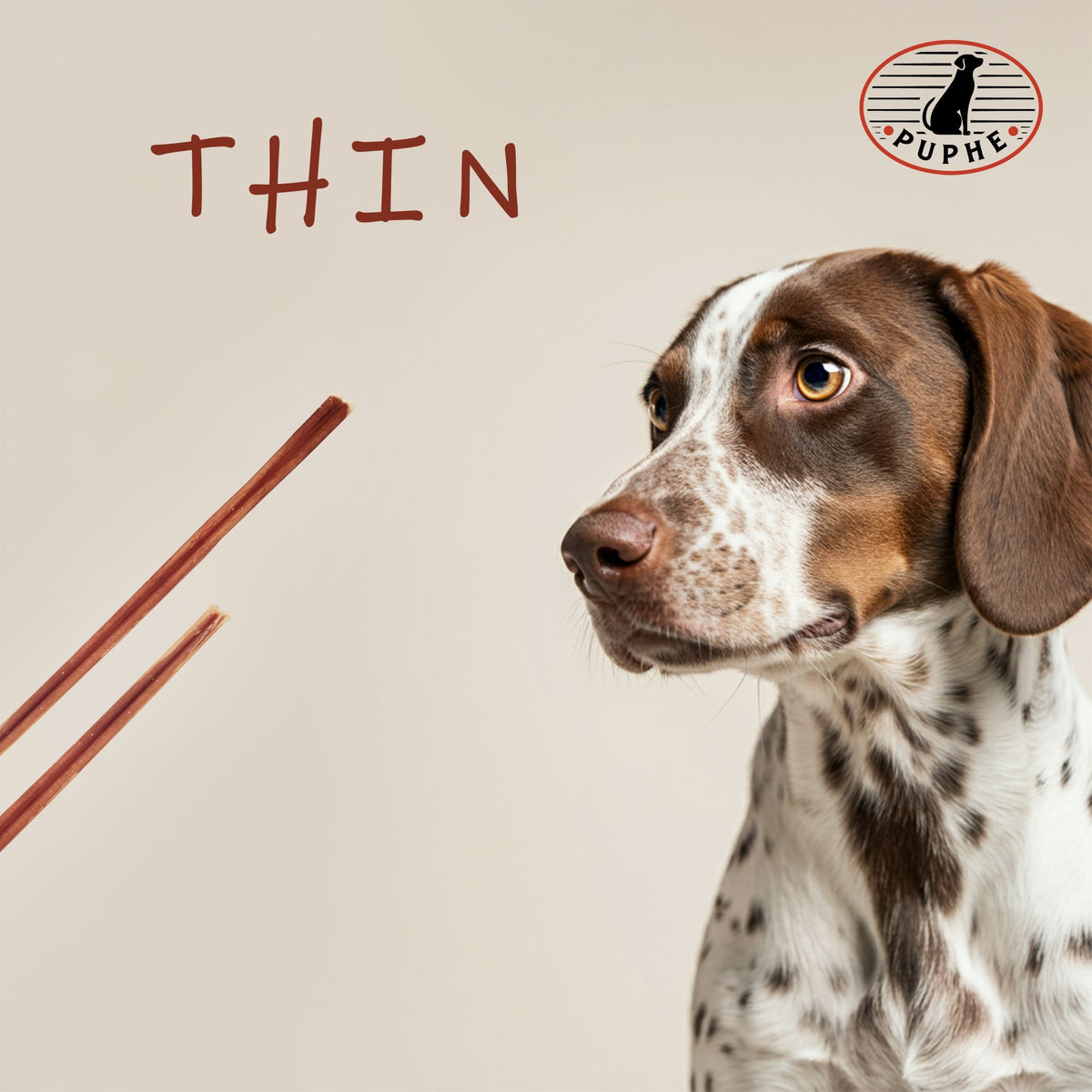 Two thin bully sticks next to a curious dog — the PUPHE thin style