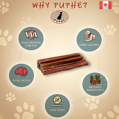 Dog treat packaging with 'PUPHE' brand, highlighting features like high protein, low fat, long-lasting, 100% cattle, natural ingredients, and low odor on a beige background with paw prints.